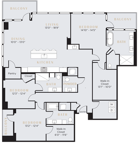 Floor plan for 2 beds, 2.5 baths, 2496 sqft